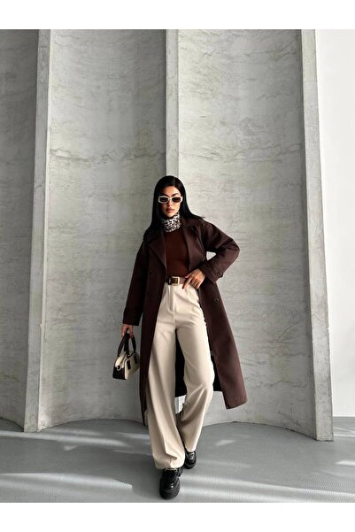 Narstorm Women's Belted Brown Lined Sleeve Epaulettes Double-Breasted Collar Trench Coat