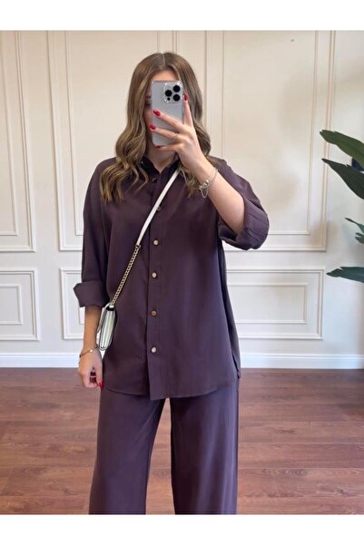 Alyalisbutik طقم قميص وبنطلون مودال - لون بورجوندي