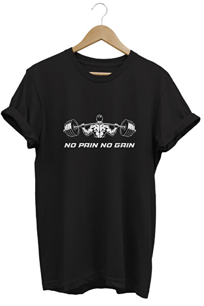 onsrawear No Pain No Gain Fitness Dumbell Baskılı Basic 100% Βαμβακερό Μαύρο ...