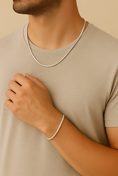 Siset Gümüş 925 Ayar 2,5 mm Rodyum Kaplama İtalyan Ezme Balık Sırtı Kolye-Bileklik İkili Kombin Set