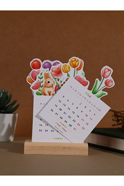 Hume Craft 2026 Sevimli Çiçekli Masa Takvimi Ahşap Standlı Öğretmenler Günü Hediyesi