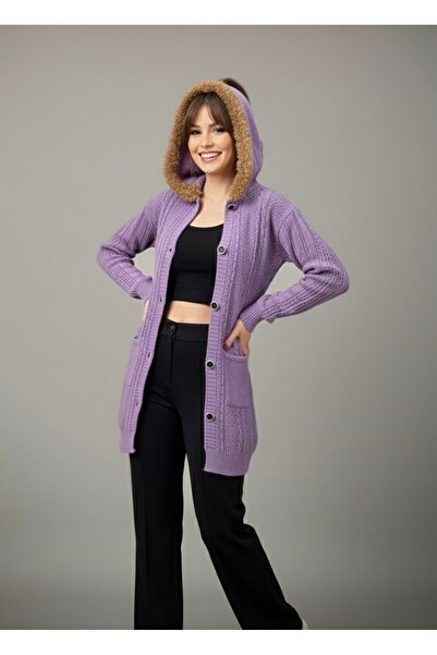 rushana Women's Hooded Furry Pocket Knitwear Cardigan