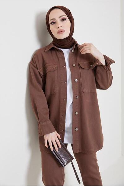 TRENDTESETTÜR KADIN KAHVE CEPLİ KOT CEKET T 5716