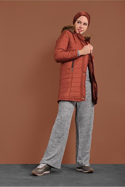 TRENDTESETTÜR Women's Brown (Tile) Front Buttoned Ka Hooded Knitted Coat 3030