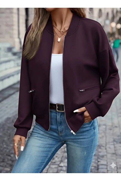 ARONA Women's Long Sleeve Front Zipper Pocket Modal Plum Jacket