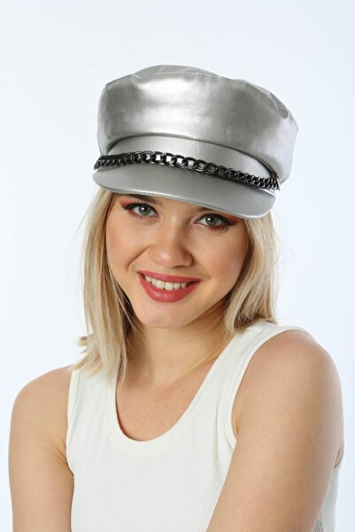MARBERRY Silver Faux Leather Chain Cap Women's Hat