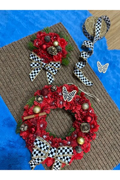 Marrone Kırmızı Yılbaşı Noel Kapı Süsü Paspas Takımı İkili Özel Set