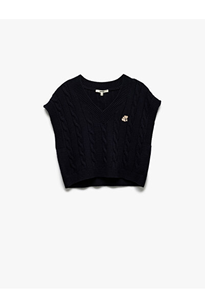 Koton Teddy Bear Embroidery Detailed Sleeveless V-Neck Hair Knit Sweater