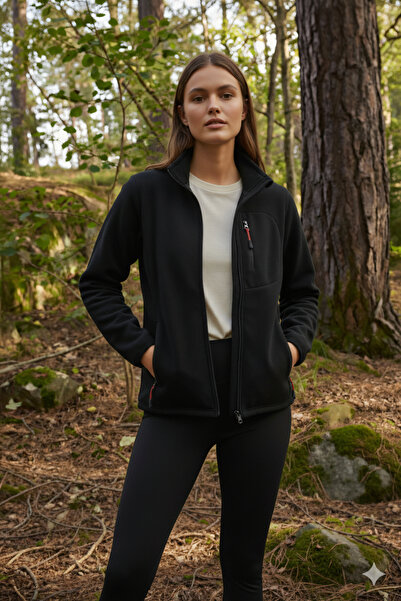 Kozik Jachetă neagră pentru femei, cu mânecă lungă, cu fermoar, cu mânecă lungă