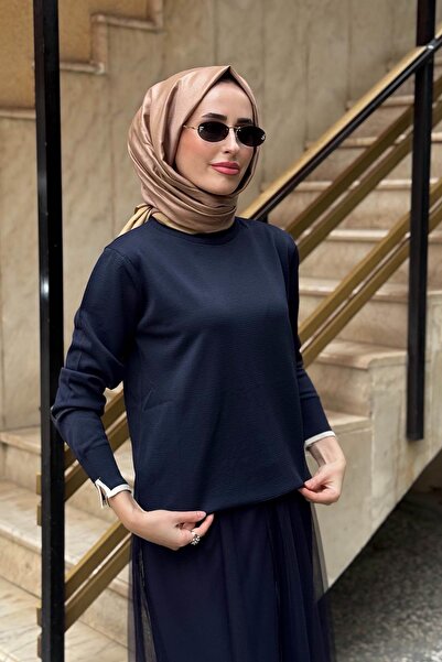 Kayra Sleeve and Collar Piped Plain Basic Knitwear Sweater Ka-Sz-Trk14