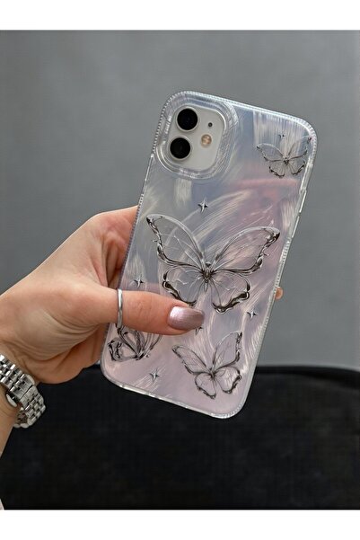 KVK PRİVACY İphone 12/12pro Uyumlu Kılıf Tüylü Kelebek Hologramlı Kılıf Darbe...
