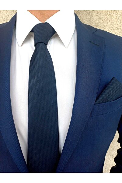 Kravatistan Set of 7 cm Wide Navy Blue Tie Handkerchief