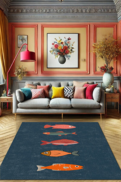 The Reef Design Renkli Balık Desenli Art Deko Dokuma Tabanlı Dijital Kaymaz S...