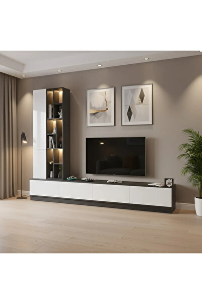 Stylish Home Large white and gray TV table, 4 pieces, including shelves and lighting, model 61