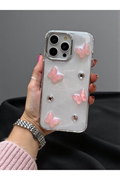 KVK PRİVACY Apple iPhone 15 Pro Uyumlu Pembe Kelebek Kılıf Darbeye Karşı Daya...