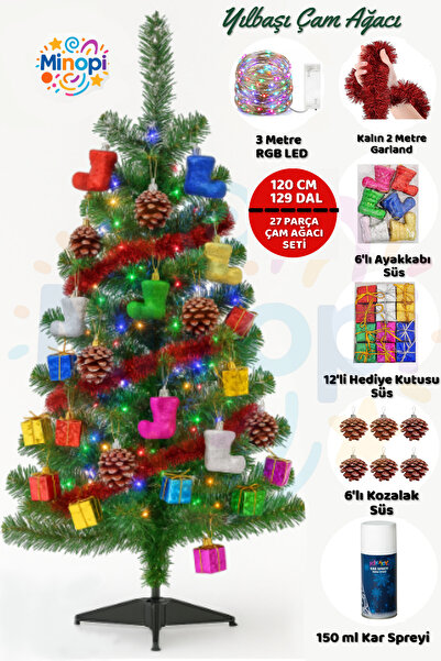 Genel Markalar 120 Cm Yılbaşı Çam Ağacı Seti | RGB Peri Led Işıklı Ve Yılbaşı Süsleri Paketi | Kar Spreyi | Noel