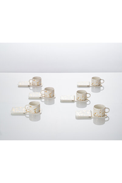 Malooki Set 6 căni de cafea, Malooki, porțelan, 90 ml, cu farfurioare, alb/auriu