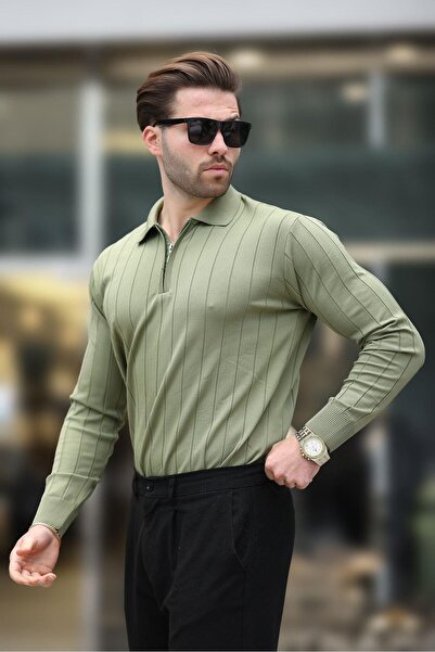 Madmext Khaki Polo Neck Zippered Knitted Sweater 7242