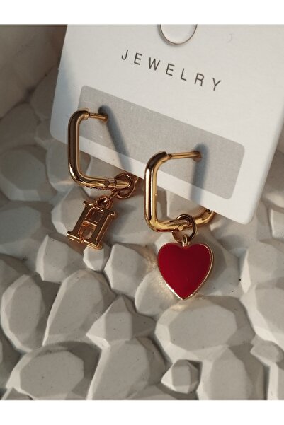 Amabel Jewelerys Red Heart and Letter Chram Square Steel Earrings