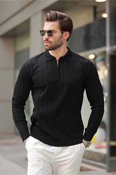 Madmext Pulover tricotat negru cu fermoar cu gât polo - 7242