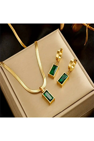 FM Gold Renk Antialerjik 316L Çelik Yeşil Taşlı Kolye ve Küpe Seti, Şık ve Zarif Tasarım