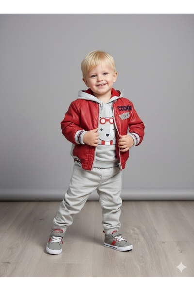 Bombili Erkek Bebek-Çocuk Kadife Pantolon Badi Montlu Üçlü Takım