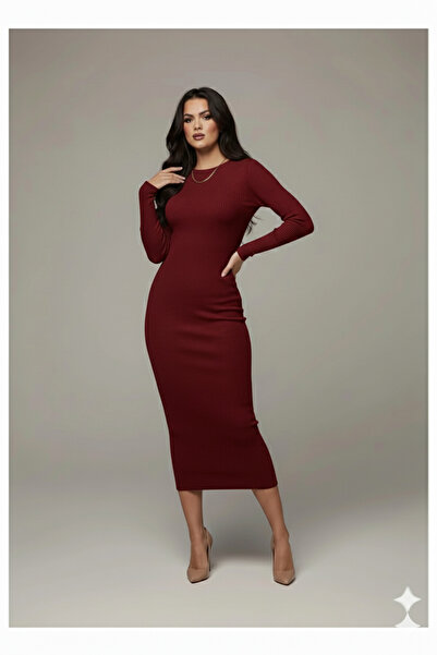 MaxiMor Kadın Bordo Bisiklet Yaka Kaşkorse Kumaş Uzun Kol Kalem Elbise Tesettür uygundur Boy cm135 cm