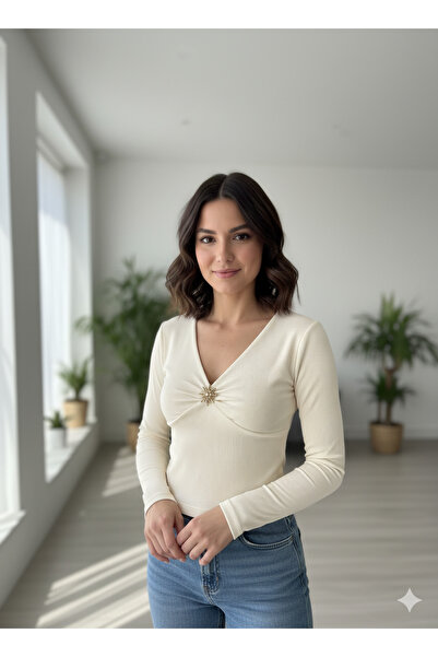 Moda Lounge Kadın Büzgü Detaylı V Yaka Uzun Kollu Bluz