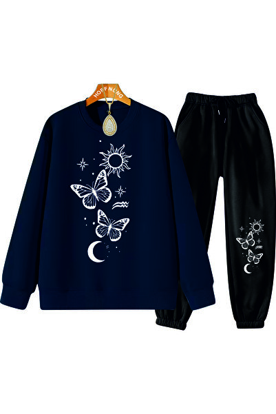 HOFFNUNG Casual Crew Neck Top and Sweatpants Set - Solid Colorsun Butterfly Sweatshirt