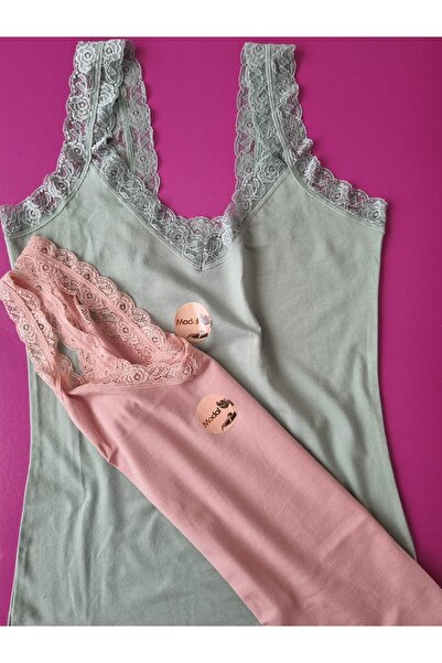 Demirsa Boutique Lace Detailed Modal Fabric Strap Green and Powder 2-Piece Women's Tank Top