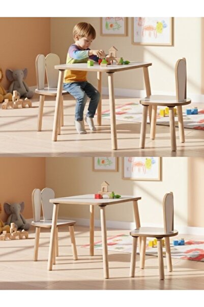 AlfaCountry Mobilya Montessori Çocuk Masası 1 Masa & 1 Beyaz Bunny Sandalye