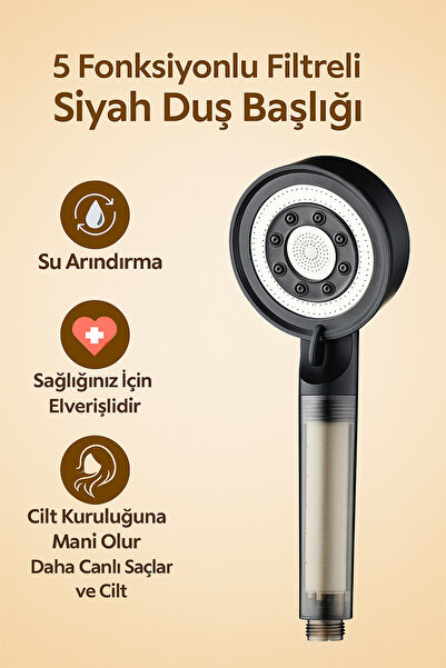 KUSTAR 5 Fonksiyonlu Çelik Su Tasarruflu Filtreli Turbo Jet Duş Başlığı Siyah