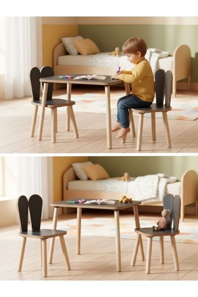 Montessori Çocuk Çalışma Aktivite Masası ve 2 Sandalye Set Bunny