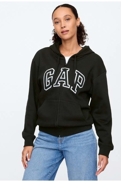GAP V-Gap Logo Fleece Heritage Fz Hd 678782 Hoodie Hooded Zippered Women's Sweatshirt Black