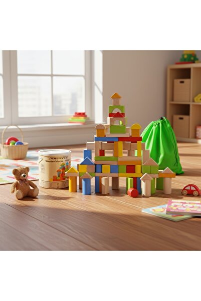 ISO TRADE Set Cuburi din Lemn City, 100 Piese, cu Găleată și Sortator