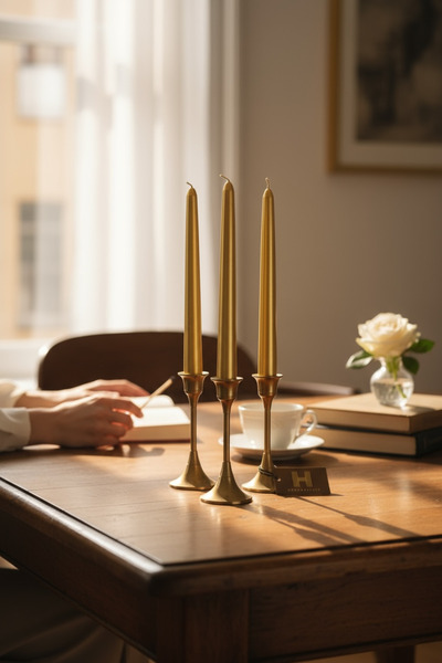 a&p Metalik renk Sedefli Gold dekoratif Şamdan mum 3 adet (25x2.2cm)