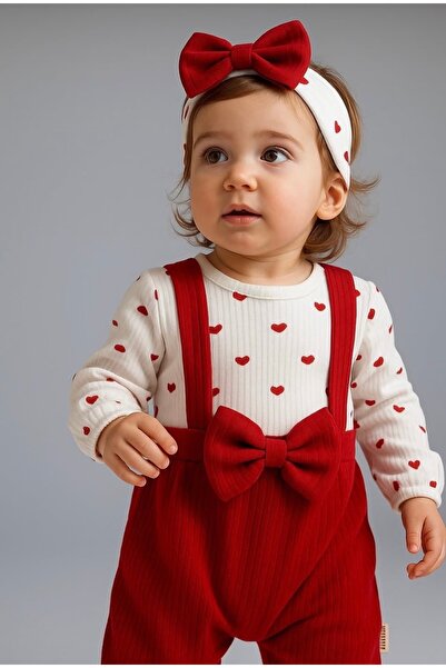 miniyou Baby Girl Cute Heart Red Ruffle Strap Newborn Bow Beret Jumpsuit