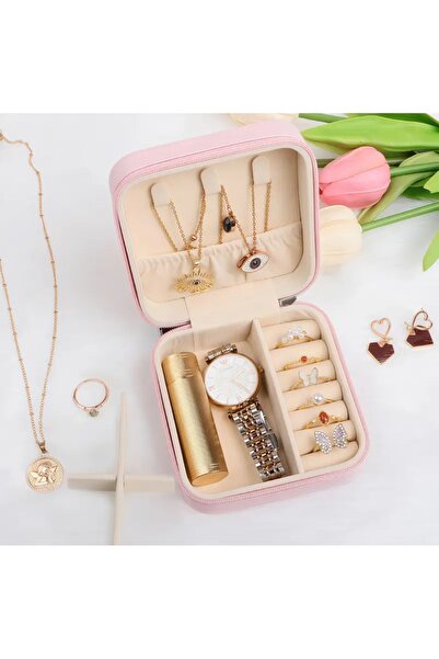 Piraye Shop Dikdörtgen Mücevher Yüzük Küpe Kolye Seyahat Boy Takı Kutusu Pembe