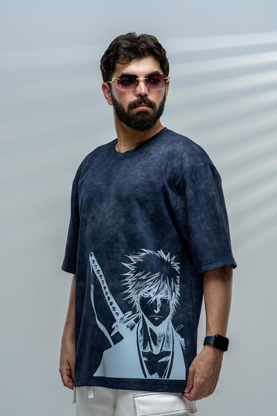 saneafn Navy blue T-shirt with Ichigo Kurosaki character design