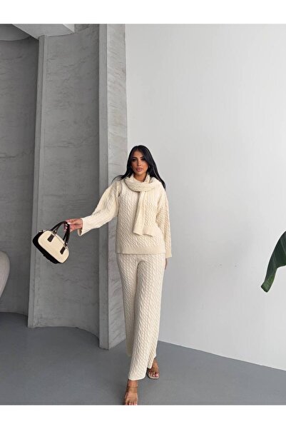 Lovely butik Women's High Waist Wide Leg Knitting Set (Sweater, Pants, Scarf/Shawl)