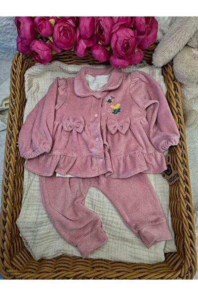 KADİFE 3 LÜ PEMBE KIZ TAKIM