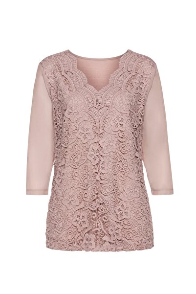 MAMAYAGA Γυναικεία Curve Plus Size Μπροστινά Floral Δαντέλα Μανίκια Τούλι Αθλητική Κομψή μπλούζα