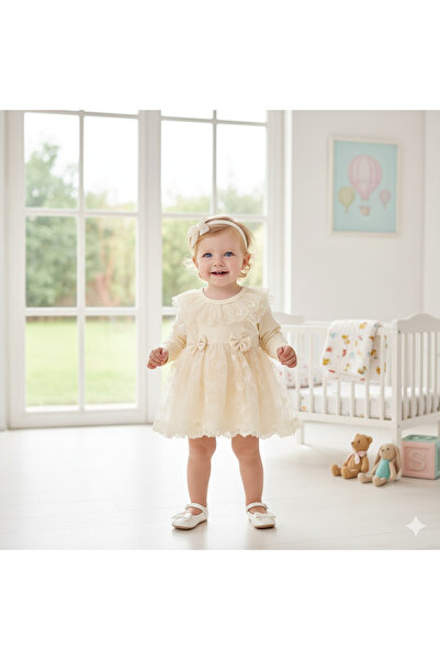 Miniday Baby Kız Bebek Mevlütlük Elbise Dantelli Bandanalı