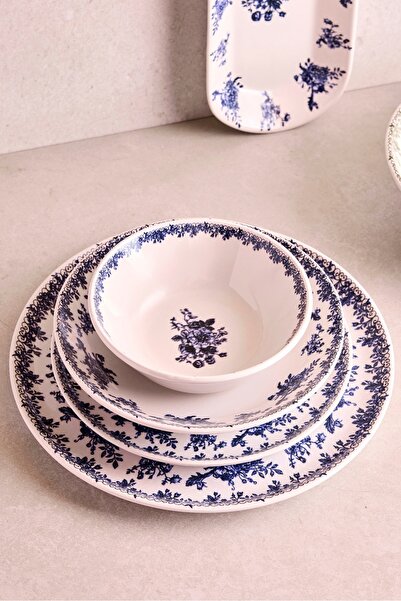 Perotti Antik Mavi 27 Parça 6 Kişilik Seramik Yemek Takımı Vintage Mavi Çiçekli Yuvarlak Servis Seti