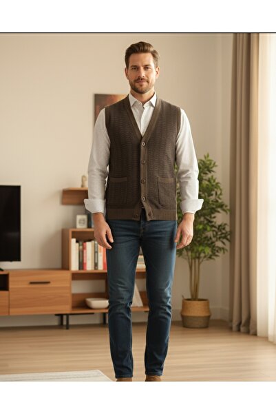 ALGE Men's Knitwear Vest - Steel Knit with Guncuoglu, Pockets and Buttons