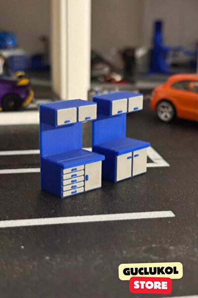 GÜÇLÜKOL 1/64 Ölçekli Mavi Gri Renk Mini Garage Dolap ve Çalışma Tezgahı Seti