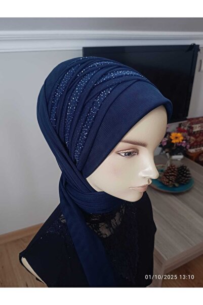 BERKE TUHAFIYE AKSESUAR Koyu Lacivert Drapesi Simli Eşarpi Tipi Şal Modeli Ha...