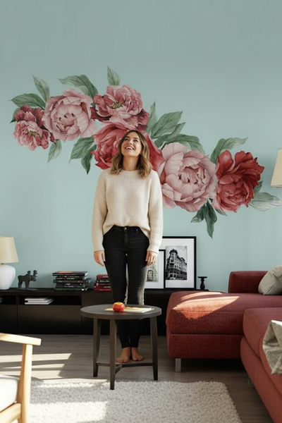 KT Decor Šareni cvetovi božura, ogromna zidna nalepnica