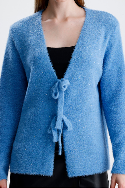 AYMİSS Fashionable Front Lace-Up, Stone-Embellished, Bearded Cardigan/Jacket