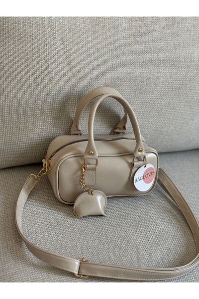 BAGLOVİS Small Mink Women's Shoulder Bag with Small Leather Charm Detail